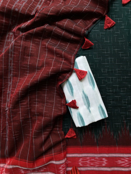BOTTLE GREEN-RED cotton 'JHARNA' ODISHA ikkat woven sari