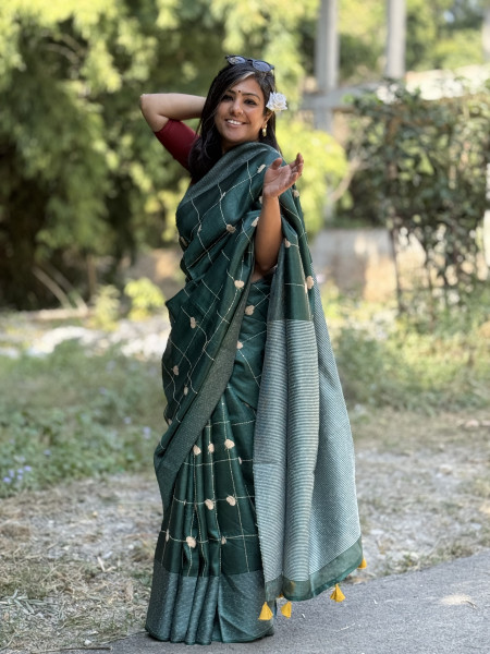 BOTTLE GREEN KORA SILK HAND EMBROIDERED SARI
