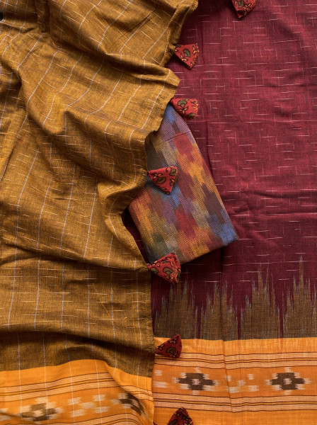 MAROON-MUSTARD cotton 'JHARNA' ODISHA ikkat woven sari