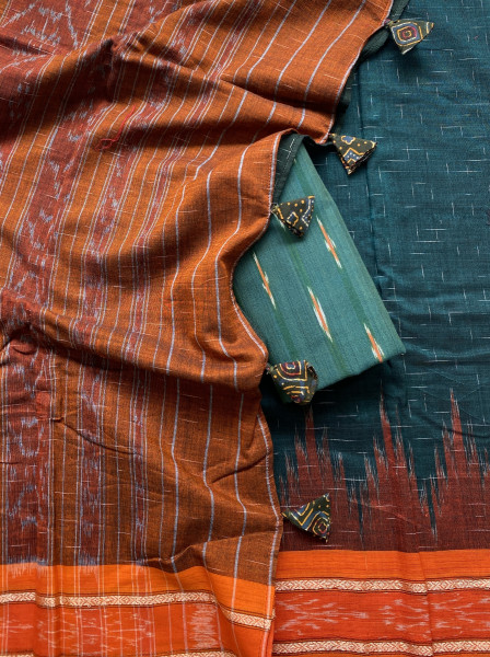 BOTTLE GREEN-ORANGE cotton 'JHARNA' ODISHA ikkat woven sari