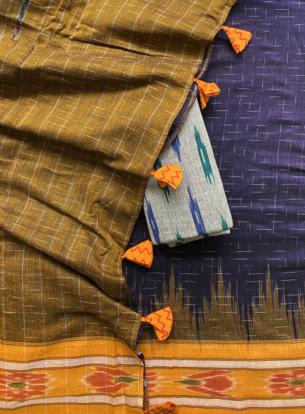 INDIGO-MUSTARD cotton 'JHARNA' ODISHA ikkat woven sari
