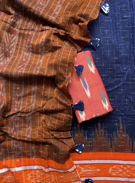INDIGO-ORANGE cotton 'JHARNA' ODISHA  ikkat woven sari