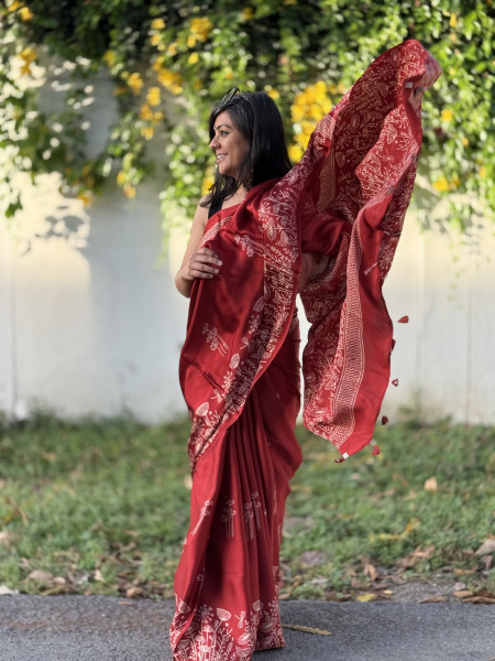 RED-WHITE MODAL SILK AJRAKH BLOCK PRINT SARI