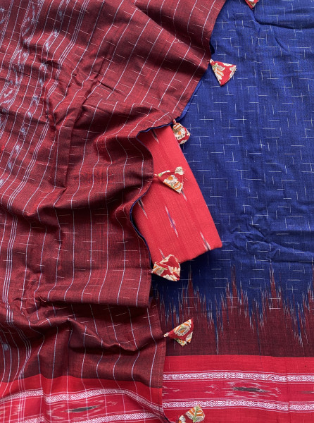 INDIGO-RED cotton 'JHARNA' ODISHA ikkat woven sari