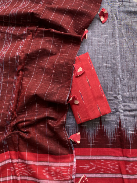 GREY-RED cotton 'JHARNA' ODISHA ikkat woven sari
