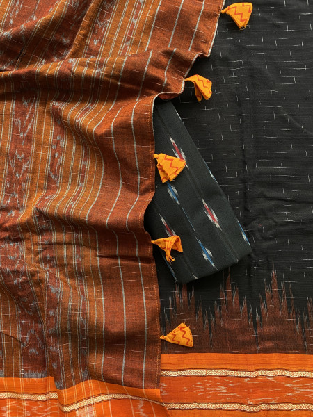 BLACK-ORANGE cotton 'JHARNA' ODISHA ikkat woven sari