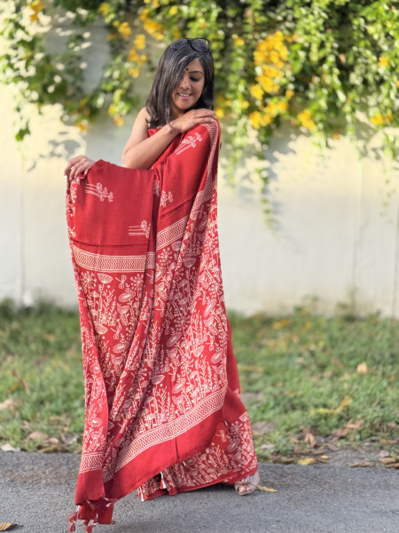 RED-WHITE MODAL SILK AJRAKH BLOCK PRINT SARI