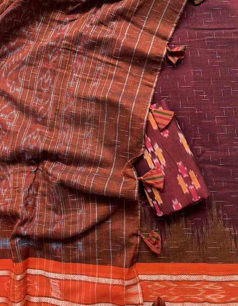 MAROON-ORANGE cotton 'JHARNA' ODISHA ikkat woven sari