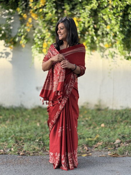 RED-WHITE MODAL SILK AJRAKH BLOCK PRINT SARI