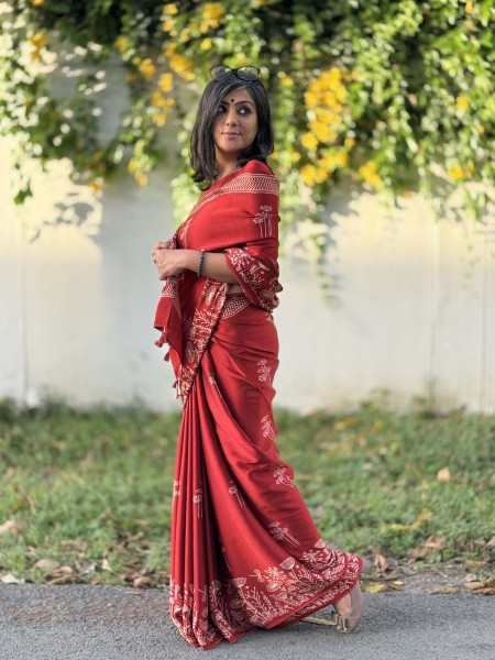 RED-WHITE MODAL SILK AJRAKH BLOCK PRINT SARI