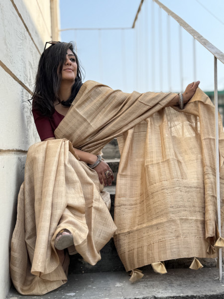 BEIGE HAND ZARI WOVEN TUSSAR SILK SARI
