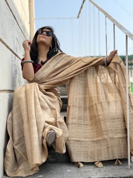 BEIGE HAND ZARI WOVEN TUSSAR SILK SARI