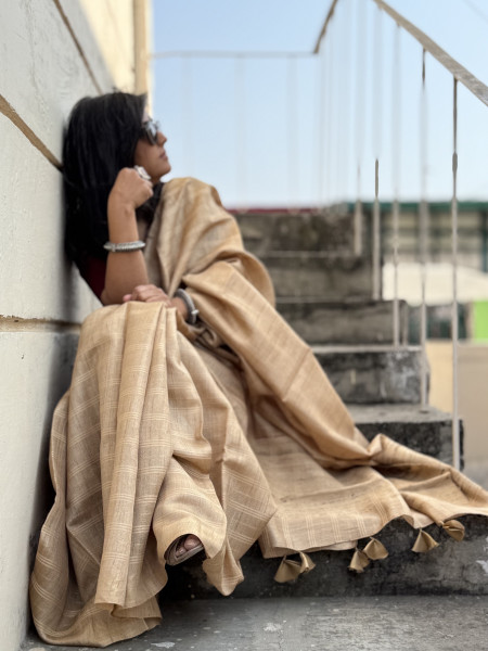 BEIGE HAND ZARI WOVEN TUSSAR SILK SARI