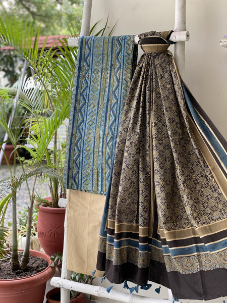 INDIGO-BLACK AJRAKH COTTON BLOCK PRINT DUPATTA SET