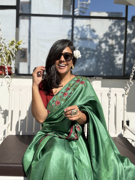 GREEN  TUSSAR SILK HAND EMBROIDERED SARI