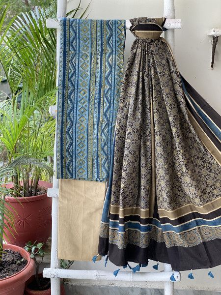 INDIGO-BLACK AJRAKH COTTON BLOCK PRINT DUPATTA SET