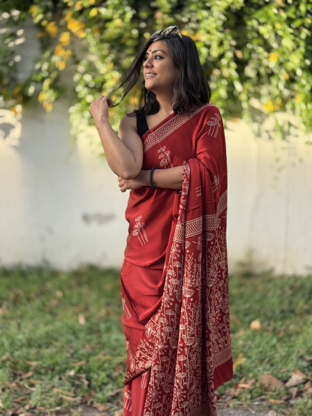 RED-WHITE MODAL SILK AJRAKH BLOCK PRINT SARI