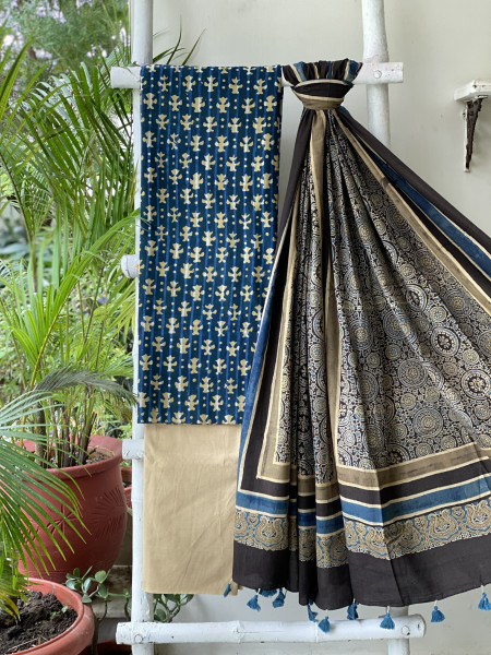 INDIGO-BLACK AJRAKH COTTON BLOCK PRINT DUPATTA SET