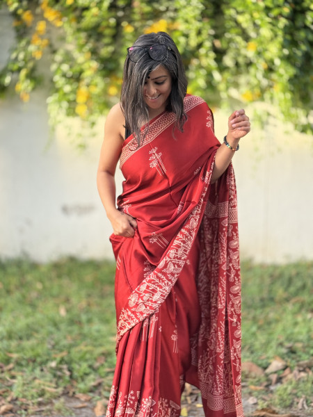 RED-WHITE MODAL SILK AJRAKH BLOCK PRINT SARI