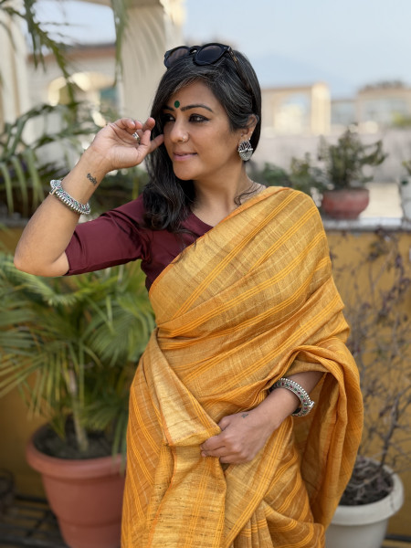 MUSTARD HAND ZARI WOVEN TUSSAR SILK SARI