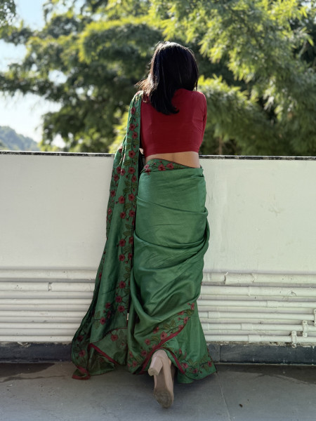 GREEN  TUSSAR SILK HAND EMBROIDERED SARI