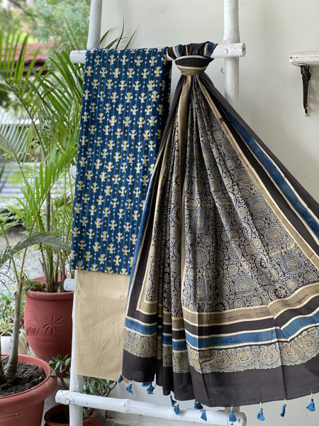 INDIGO-BLACK AJRAKH COTTON BLOCK PRINT DUPATTA SET