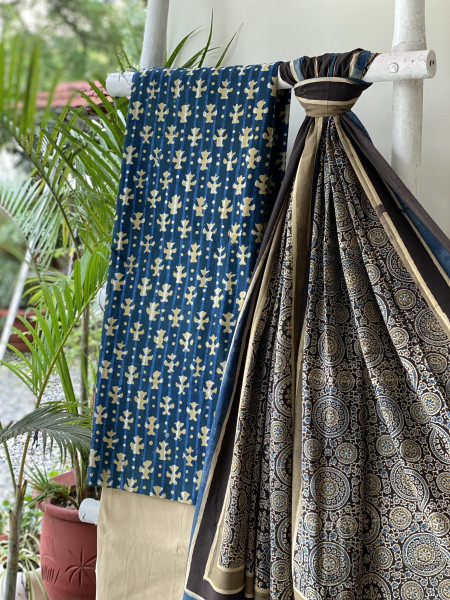 INDIGO-BLACK AJRAKH COTTON BLOCK PRINT DUPATTA SET
