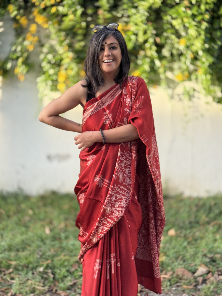 Image of RED-WHITE MODAL SILK AJRAKH BLOCK PRINT SARI