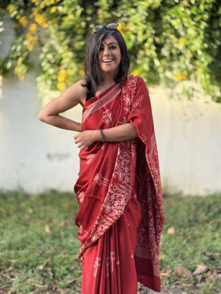 RED-WHITE MODAL SILK AJRAKH BLOCK PRINT SARI