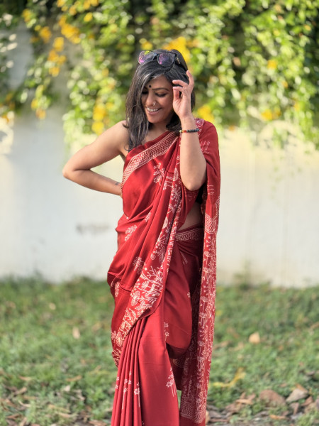 RED-WHITE MODAL SILK AJRAKH BLOCK PRINT SARI