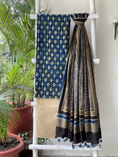 INDIGO-BLACK AJRAKH COTTON BLOCK PRINT DUPATTA SET