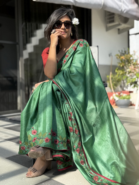 GREEN  TUSSAR SILK HAND EMBROIDERED SARI