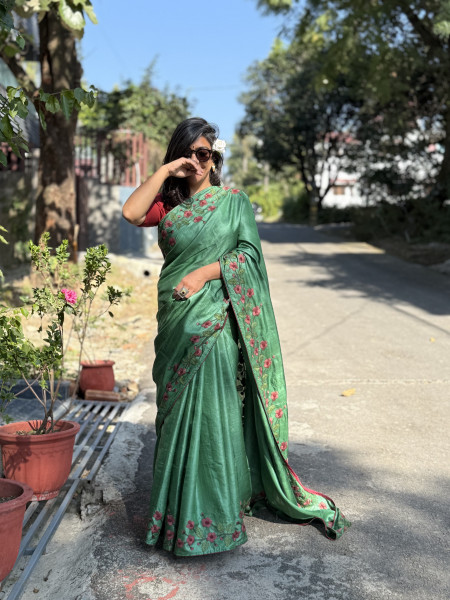 GREEN  TUSSAR SILK HAND EMBROIDERED SARI