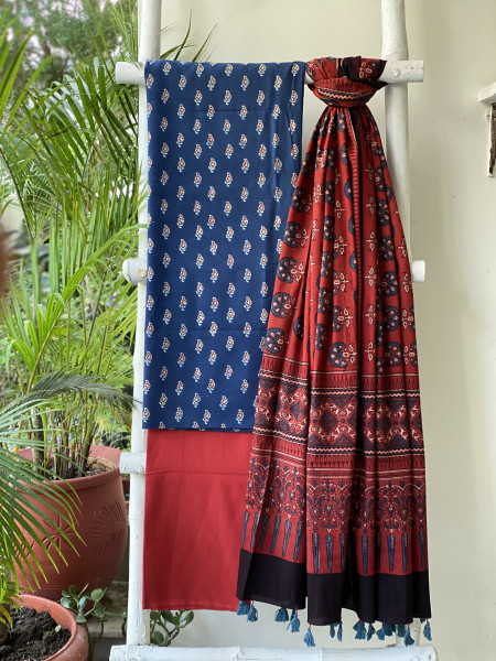 INDIGO-MAROON AJRAKH COTTON BLOCK PRINT DUPATTA SET