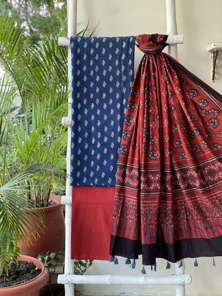 INDIGO-MAROON AJRAKH COTTON BLOCK PRINT DUPATTA SET