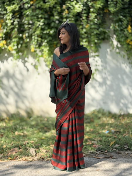 MAROON-BOTTLE GREEN MODAL SILK AJRAKH BLOCK PRINT SARI