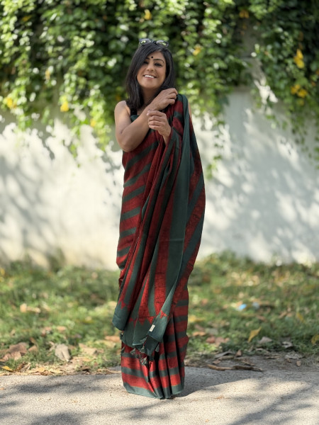 MAROON-BOTTLE GREEN MODAL SILK AJRAKH BLOCK PRINT SARI