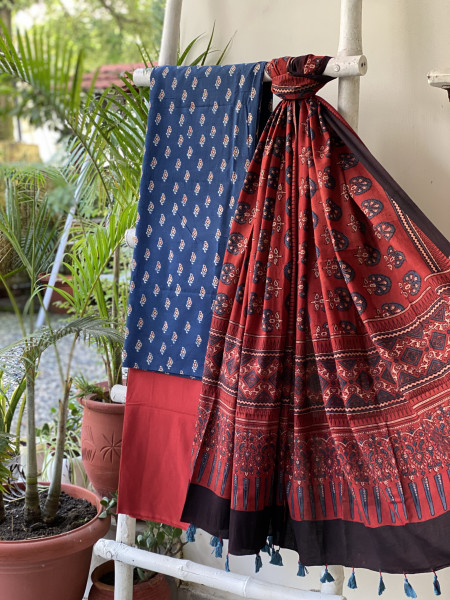 INDIGO-MAROON AJRAKH COTTON BLOCK PRINT DUPATTA SET