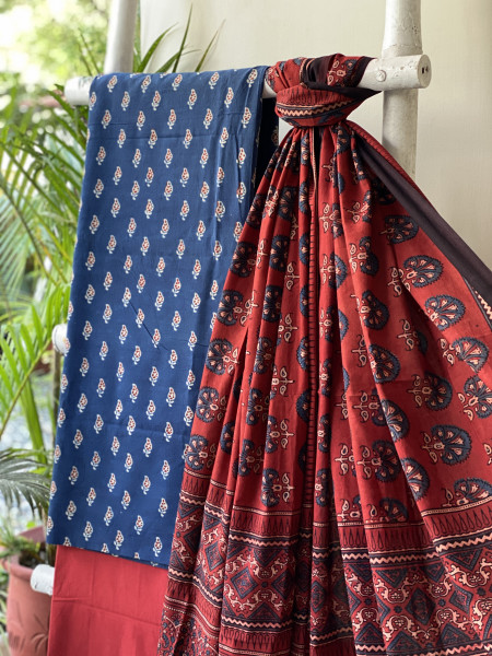 INDIGO-MAROON AJRAKH COTTON BLOCK PRINT DUPATTA SET