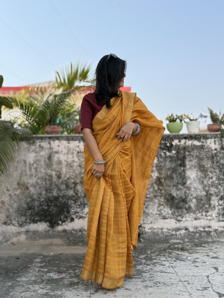 MUSTARD HAND ZARI WOVEN TUSSAR SILK SARI
