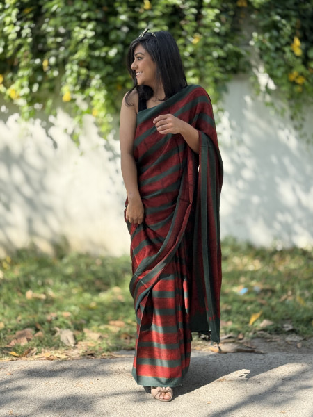 MAROON-BOTTLE GREEN MODAL SILK AJRAKH BLOCK PRINT SARI