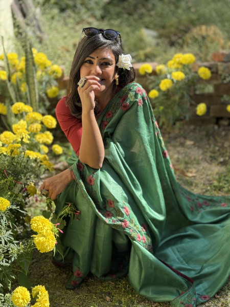 GREEN  TUSSAR SILK HAND EMBROIDERED SARI