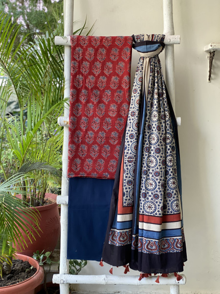 MAROON-BEIGE AJRAKH COTTON BLOCK PRINT DUPATTA SET