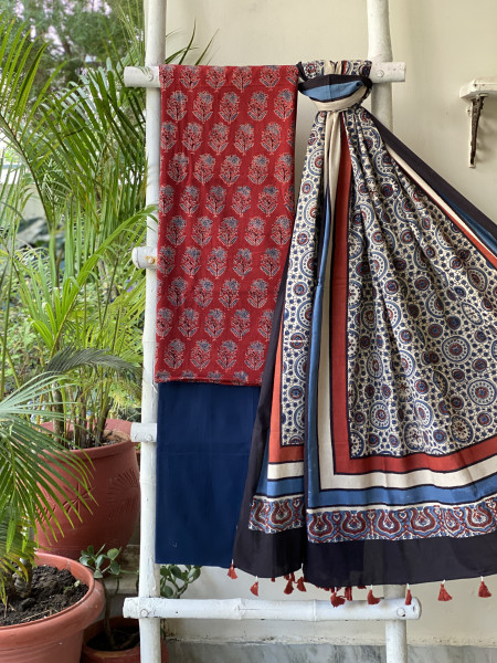MAROON-BEIGE AJRAKH COTTON BLOCK PRINT DUPATTA SET
