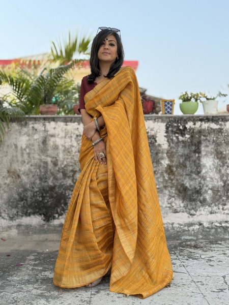 MUSTARD HAND ZARI WOVEN TUSSAR SILK SARI