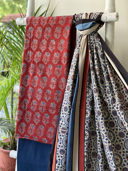 MAROON-BEIGE AJRAKH COTTON BLOCK PRINT DUPATTA SET