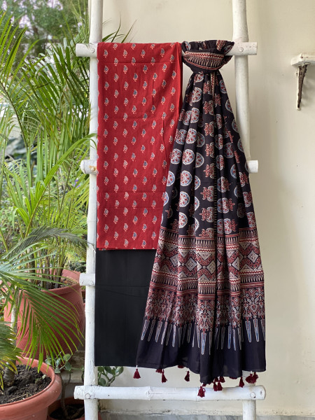 MAROON-BLACK AJRAKH COTTON BLOCK PRINT DUPATTA SET