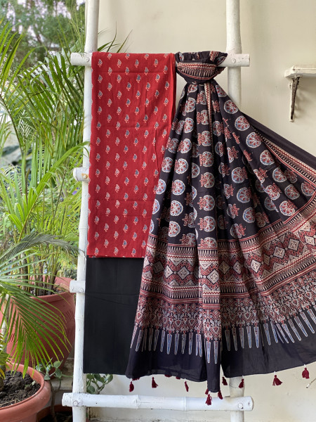 MAROON-BLACK AJRAKH COTTON BLOCK PRINT DUPATTA SET
