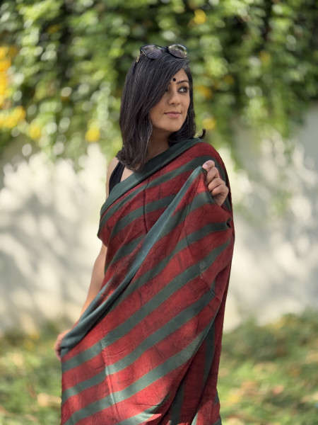 MAROON-BOTTLE GREEN MODAL SILK AJRAKH BLOCK PRINT SARI