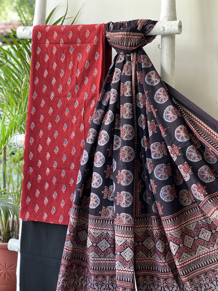 MAROON-BLACK AJRAKH COTTON BLOCK PRINT DUPATTA SET